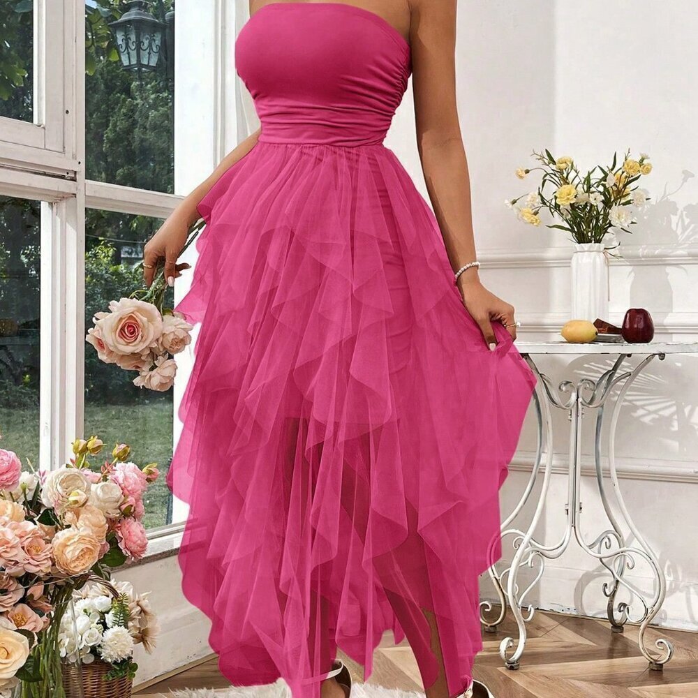 Hot Pink Sexy Women's Ladies Solid Color Simple Style Everyday Mesh Halter Dress - Picture 4 of 6